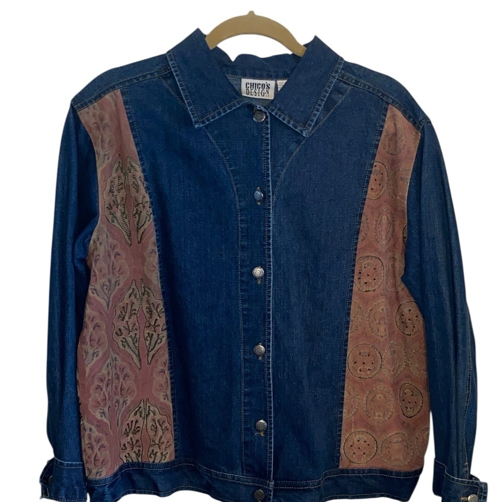 Vintage 90s Chico's Jean jacket suede panels Embroidery Beaded Asian Geisha - Picture 3 of 16